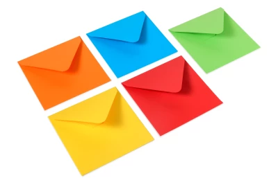 Bright colored envelopes: red, blue, green, yellow and orange