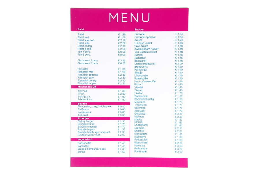Menukaarten drukken online, goedkoop en snel Printenbind.nl